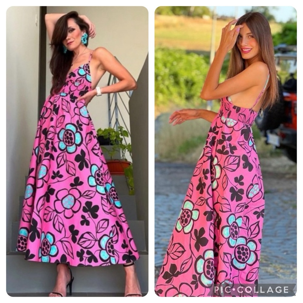 Zara Bloggers Favorite Poplin Pink Blue Floral Print Maxi Dress